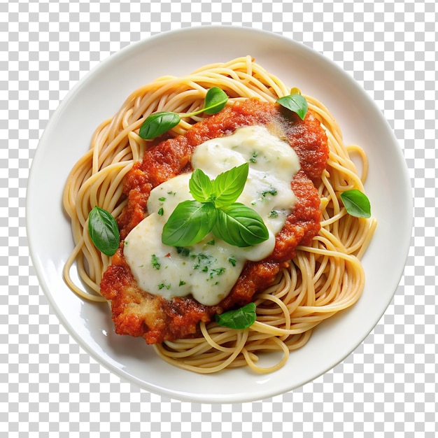 PSD chicken parmesan on white plate isolated on transparent background
