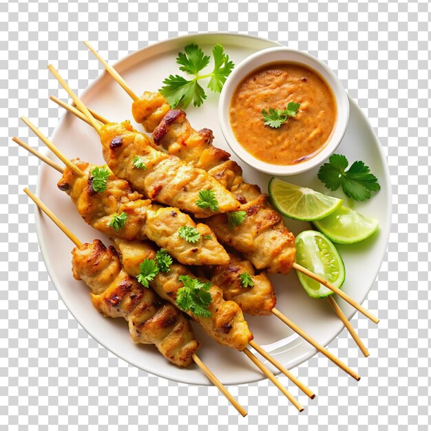 Chicken satay on white plate isolated on transparent background