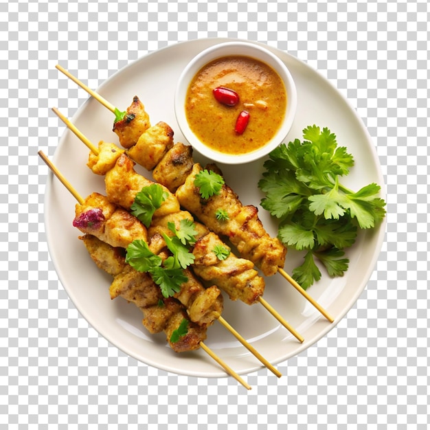 PSD chicken satay on white plate isolated on transparent background