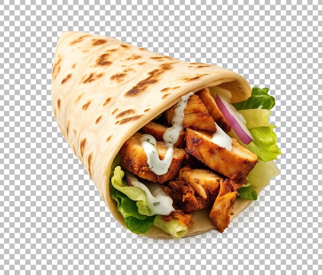 PSD chicken shawarma wrap with onion tomato lettuce and sauce on white background