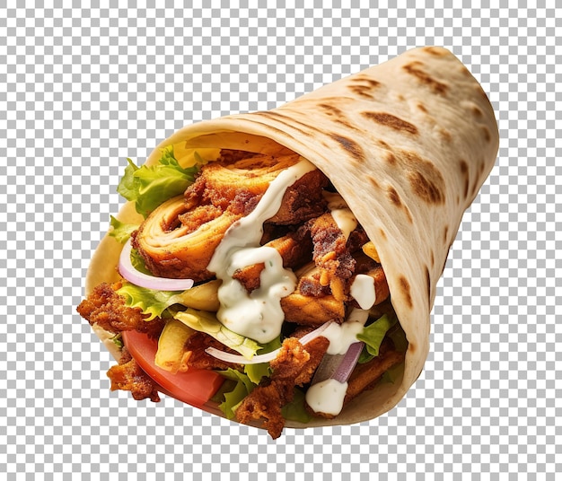 Chicken shawarma wrap with onion tomato lettuce and sauce on white background