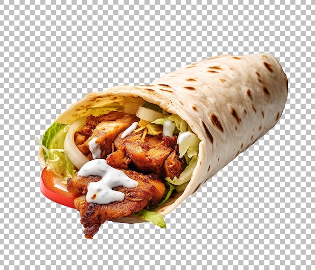 PSD chicken shawarma wrap with onion tomato lettuce and sauce on white background