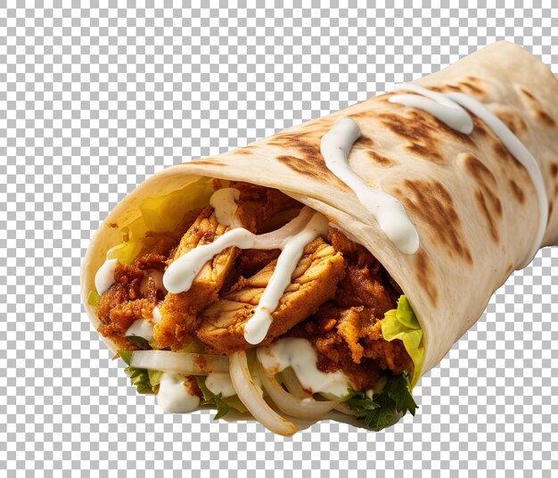 Chicken shawarma wrap with onion tomato lettuce and sauce on white background