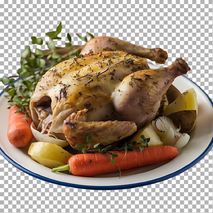 PSD a chicken sits on a plate with vegetables and a cross on it