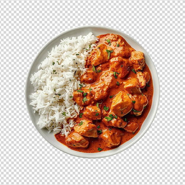 PSD chicken tikka masala curry and rice on plate isolated on transparent background