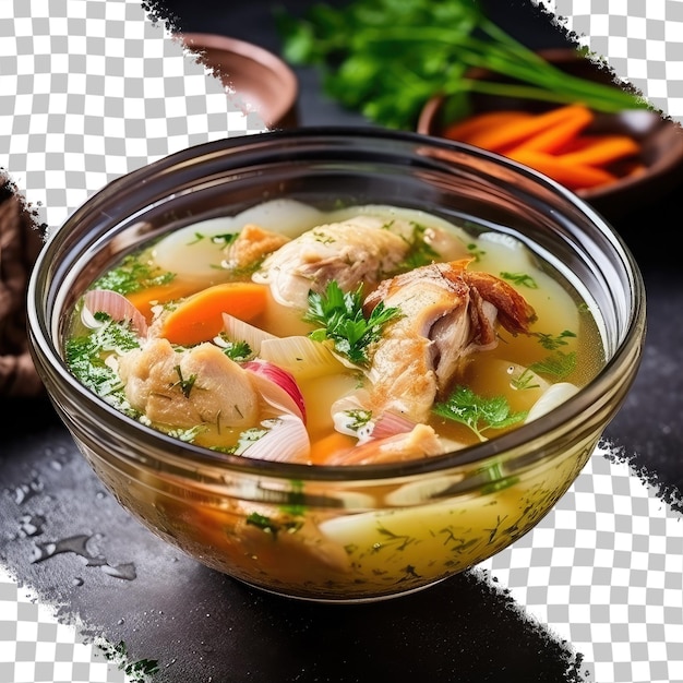 Chicken and vegetable soup with clear sauce topped with fried shallots presented in a glass bowl on a transparent background