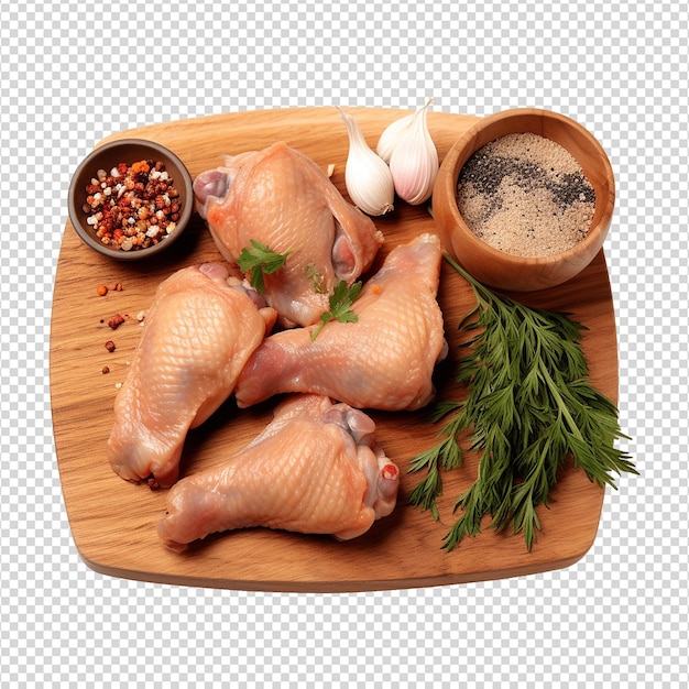 PSD chicken wings herbs garlic and cleaver on wooden board isolated on transparent background