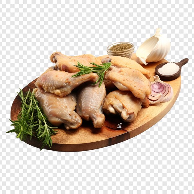 PSD chicken wings herbs garlic and cleaver on wooden board isolated on transparent background