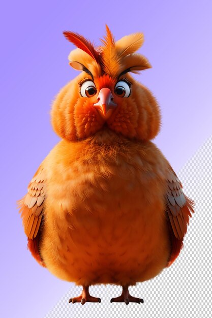 A chicken with a funny face is looking at the camera