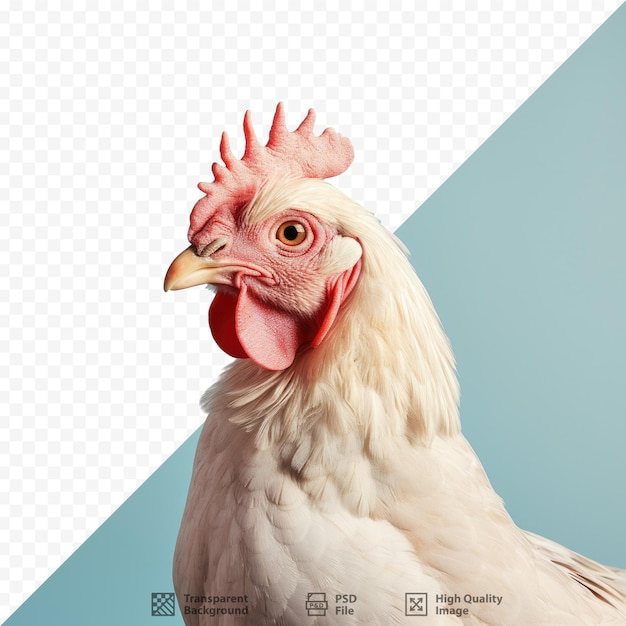 Un pollo con il becco rosso è in piedi di fronte a uno sfondo blu.