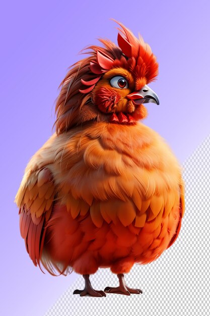 A chicken with a red feather on its head