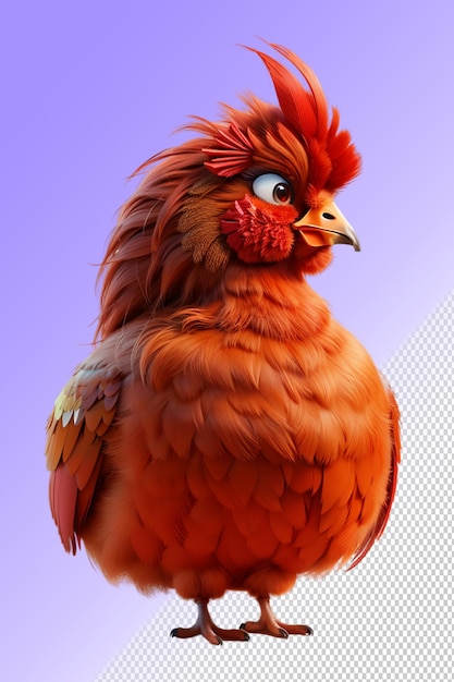 A chicken with a red head and a blue background