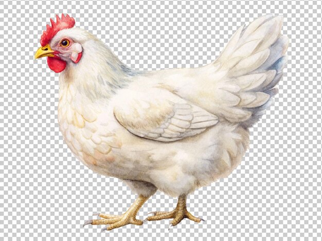 A chicken with a red head and a white body