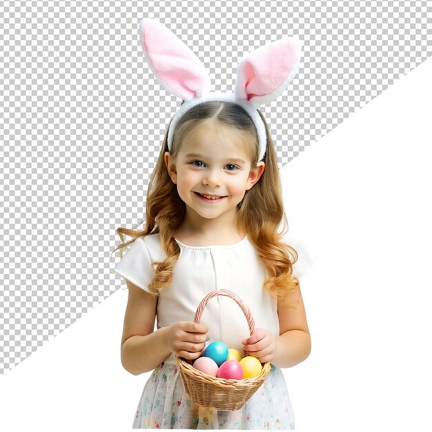 PSD child holding easter eggs in basket on transparent background