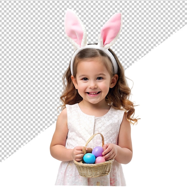 PSD Ребенок с пасхальными яйцами в корзине на прозрачном фоне