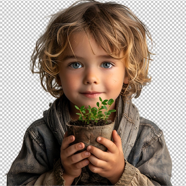 PSD un bambino tiene un vaso di piante con una pianta in esso