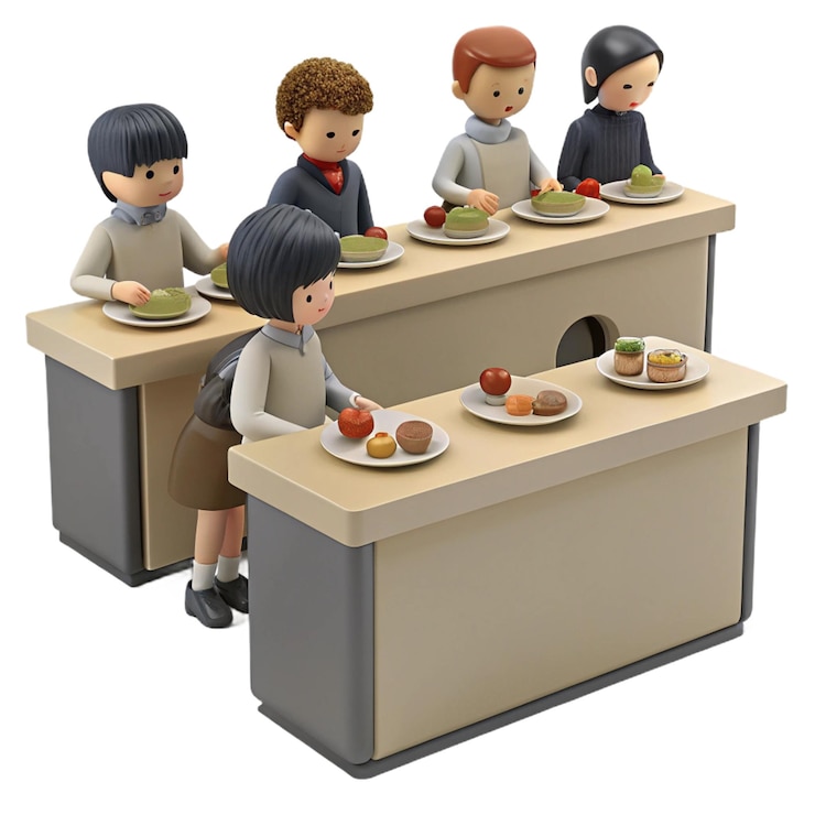 PSD 子供が他の子供と一緒にテーブルの前で食事をしている