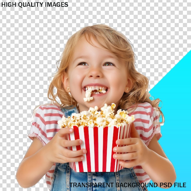 PSD a child is eating popcorn and the words high quality on the bottom