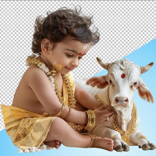 PSD a child is petting a cow with a calf on it