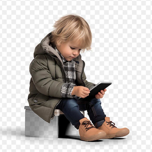 PSD a child is sitting on a toilet and is playing with a tablet