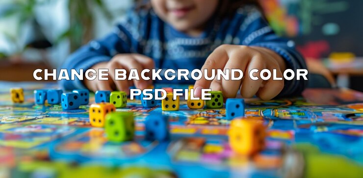 PSD ребенок играет с красочными костими в настольную игру