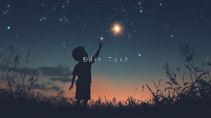 PSD 孩子在夜空中伸手找一颗明亮的星星
