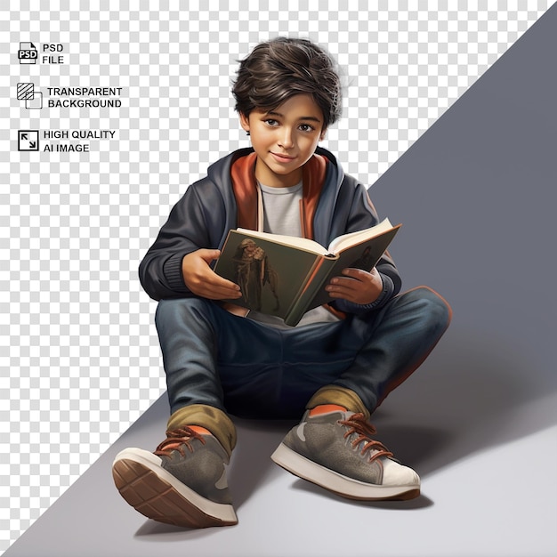 PSD a child reading book isolated on transparent background