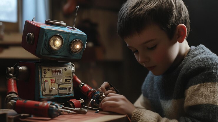 PSD child repairing vintage robot toy