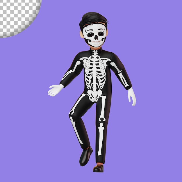 Child in skeleton costume preparing for halloween party 3d rendering illustration