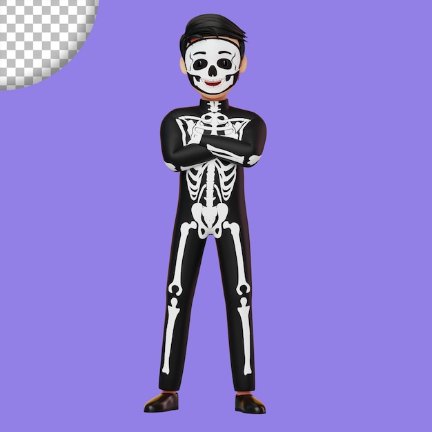 PSD child in skeleton costume preparing for halloween party 3d rendering illustration