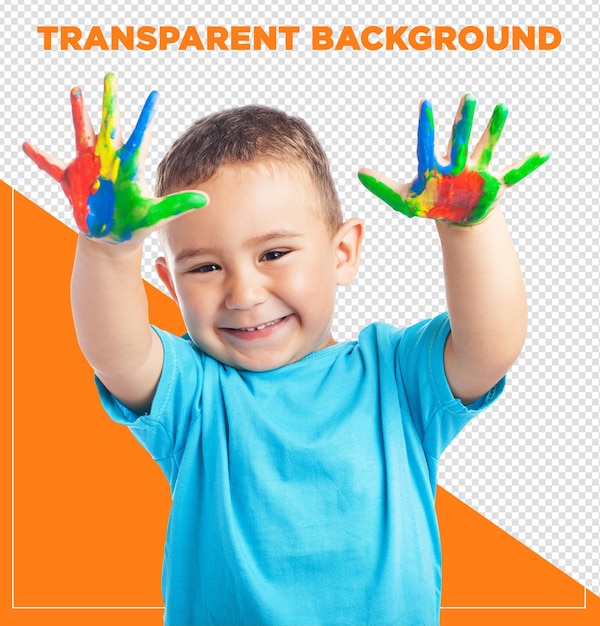 PSD child smiling with hands full paint