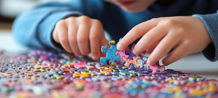 PSD child solving colorful jigsaw puzzle a moment of focus and fun
