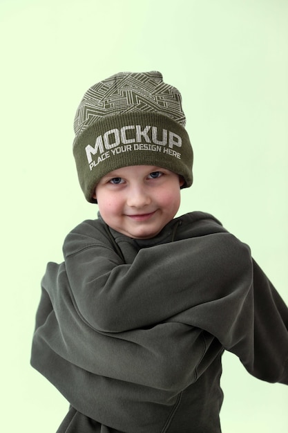 Child wearing beanie mockup