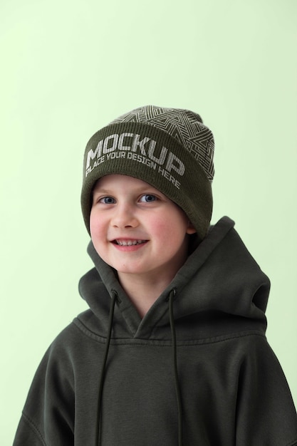 PSD child wearing beanie mockup