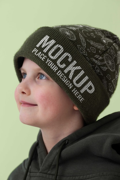 PSD child wearing beanie mockup