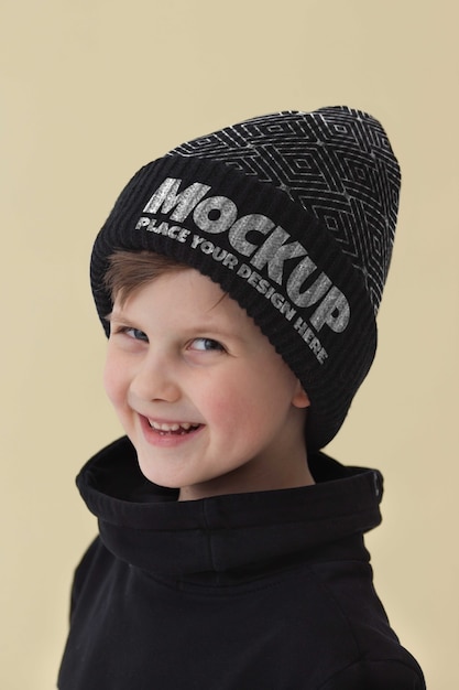 Child wearing beanie mockup