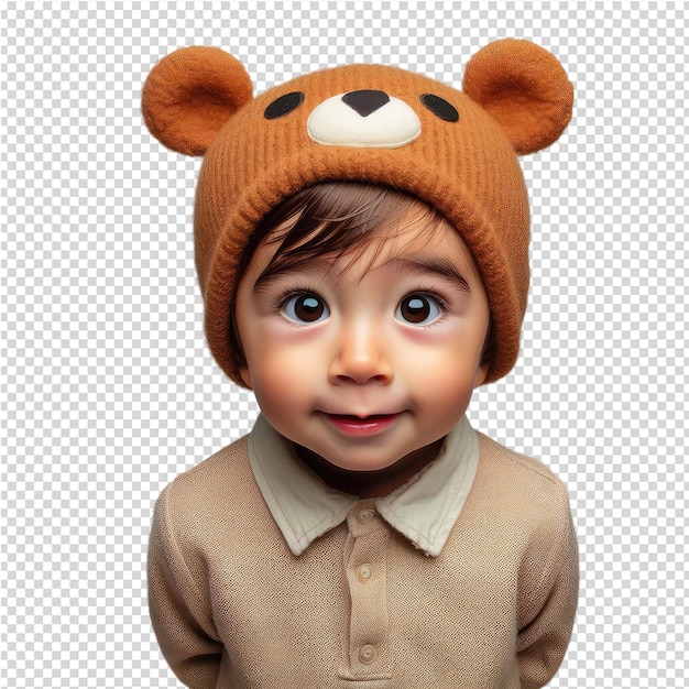 PSD a child wearing a brown bear hat with a brown nose