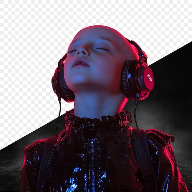 a child wearing headphones with the word quot the word quot on the screen