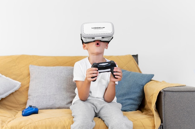 Child wearing vr glasses mockup