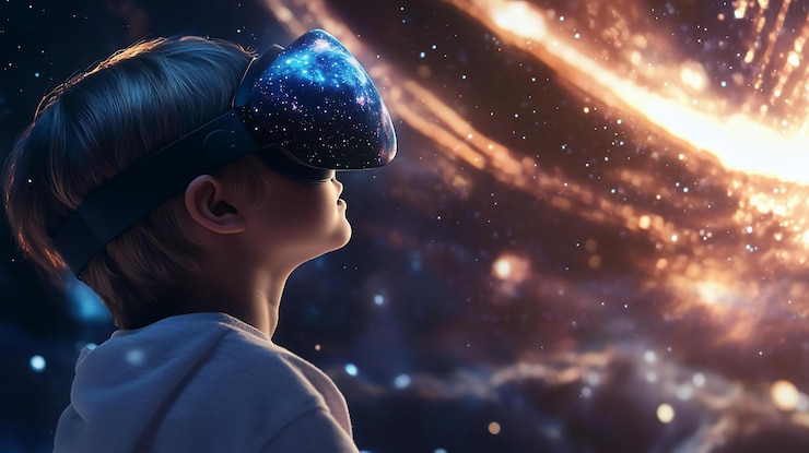 PSD ребенок, носящий наушники vr, смотрит на симулированный космос, наполненный звездами и туманностями, исследуя космическое пространство