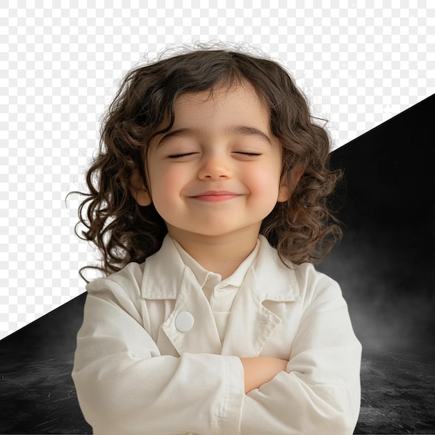 a child with curly hair and a white shirt with a black background