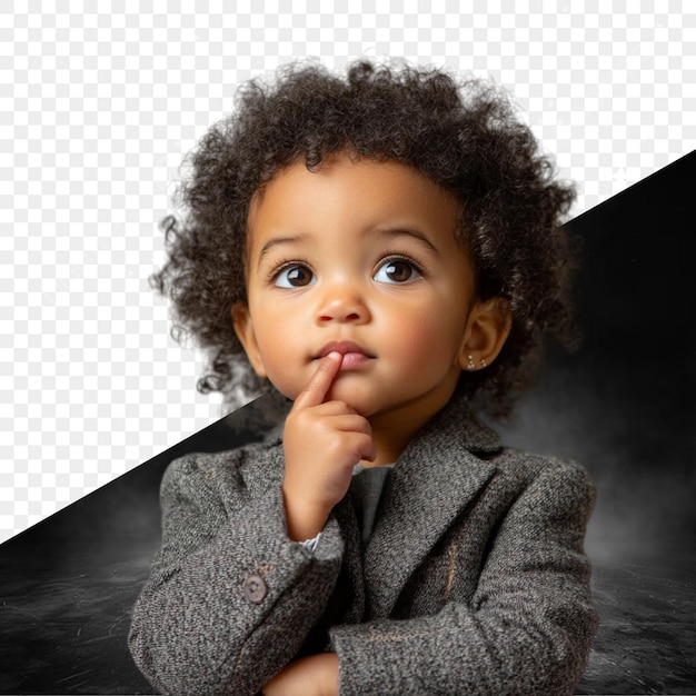 a child with a finger in his mouth is looking up