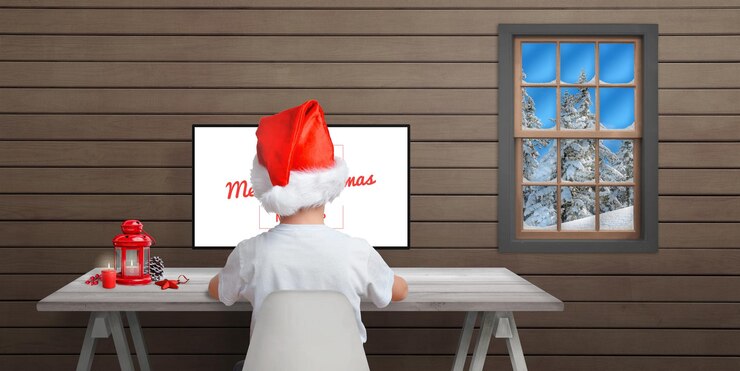PSD child in a wooden hut work on computer mockup scene creator