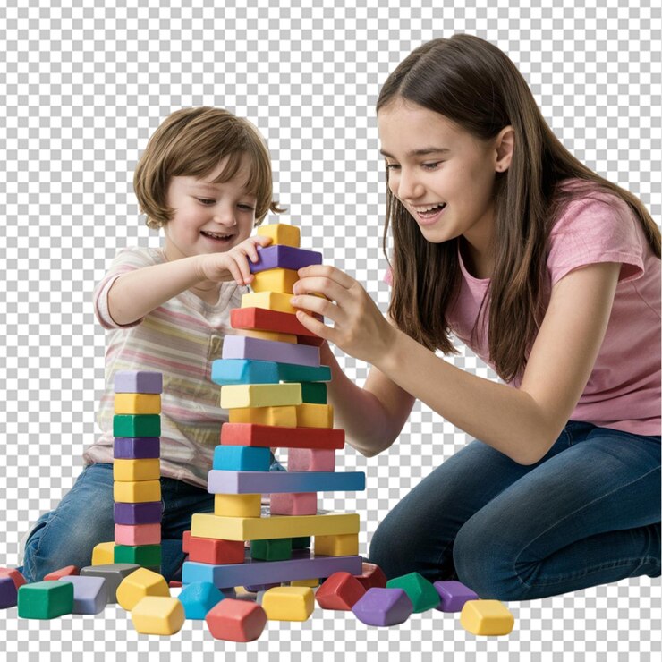 PSD child and young woman building a tower with colorful blocks isolated on transparent background