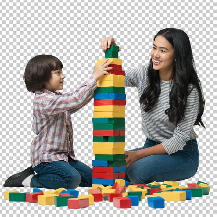 PSD child and young woman building a tower with colorful blocks isolated on transparent background