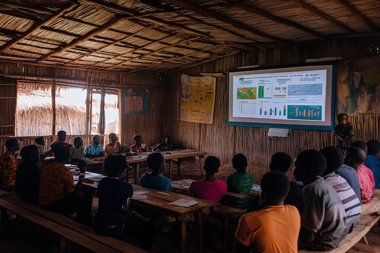 PSD children attentively watching a presentation projected onto a screen in a rustic classroom