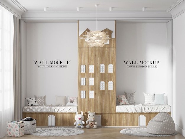 Children bedroom wall mockup with house shaped closet in interior