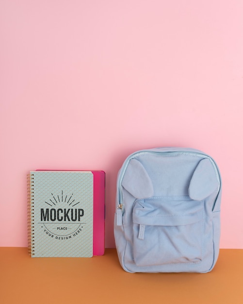 PSD children desk mockup with backpack