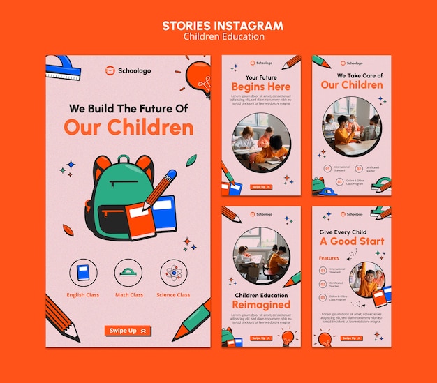 PSD set di storie di instagram per l'educazione dei bambini