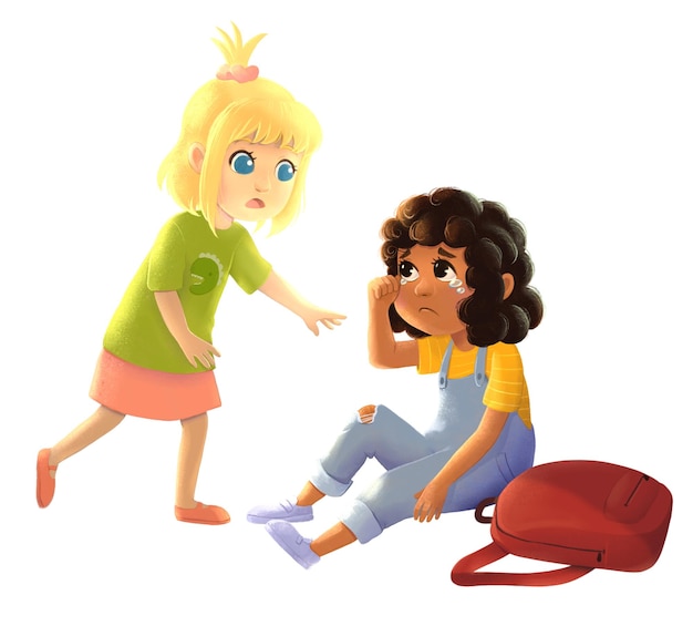 PSD children girls helping each other cartoon